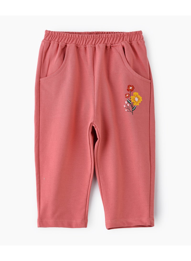 Jelliene Girls Pink Cotton Pants with Floral Embroidery - Image 1